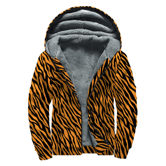 Orange And Black Tiger Stripe Print Sherpa Lined Zip Up Hoodie