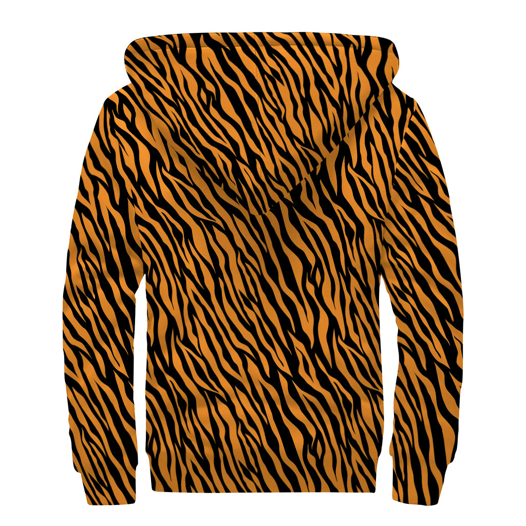 Orange And Black Tiger Stripe Print Sherpa Lined Zip Up Hoodie