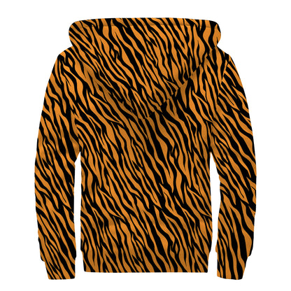Orange And Black Tiger Stripe Print Sherpa Lined Zip Up Hoodie