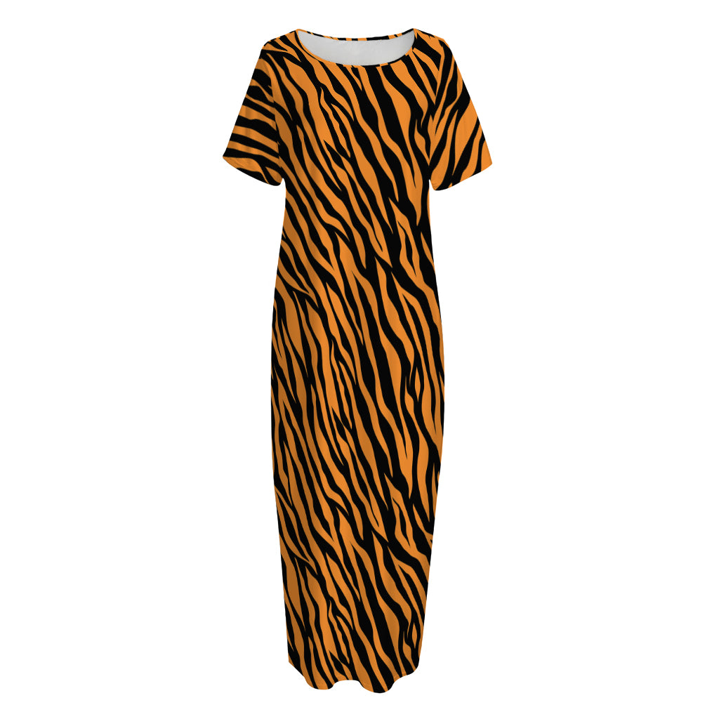 Orange And Black Tiger Stripe Print Short Sleeve Long Nightdress