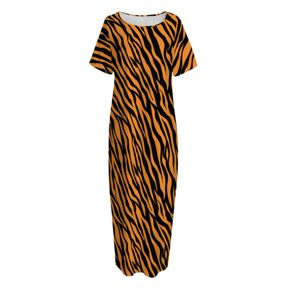 Orange And Black Tiger Stripe Print Short Sleeve Long Nightdress