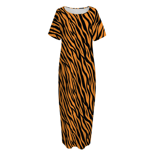 Orange And Black Tiger Stripe Print Short Sleeve Long Nightdress