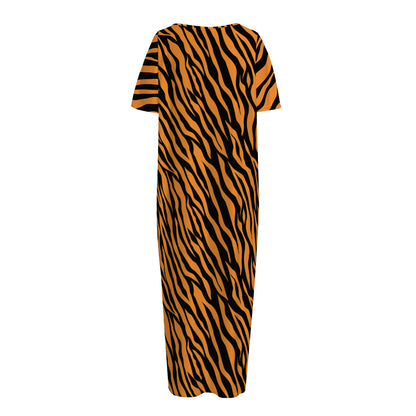 Orange And Black Tiger Stripe Print Short Sleeve Long Nightdress