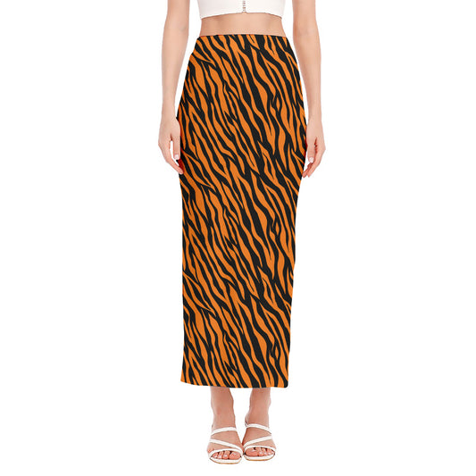 Orange And Black Tiger Stripe Print Side Slit Maxi Skirt
