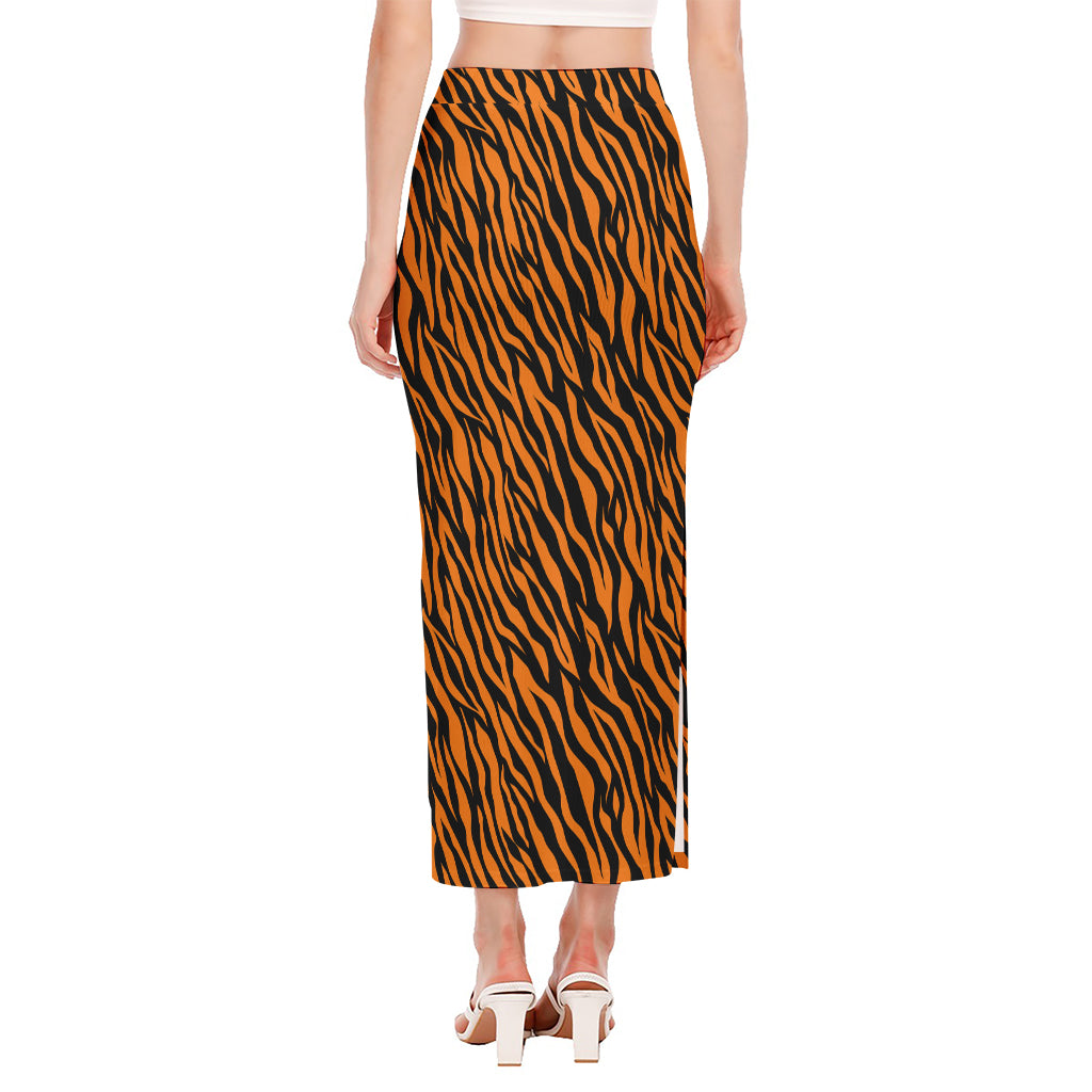 Orange And Black Tiger Stripe Print Side Slit Maxi Skirt