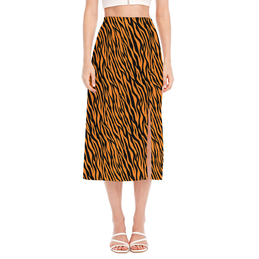 Orange And Black Tiger Stripe Print Side Slit Midi Skirt