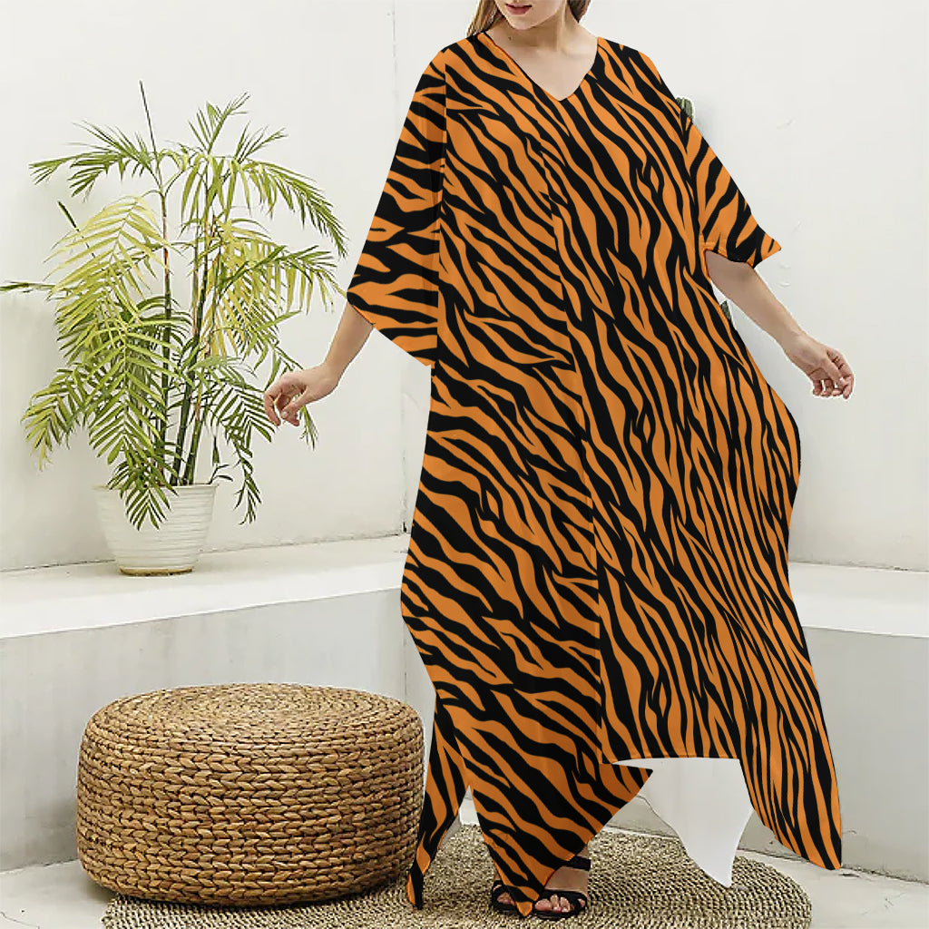 Orange And Black Tiger Stripe Print Silk V-Neck Kaftan Dress