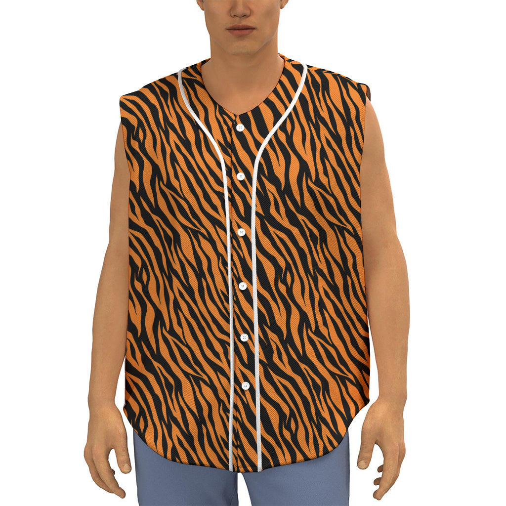Orange And Black Tiger Stripe Print Sleeveless Baseball Jersey