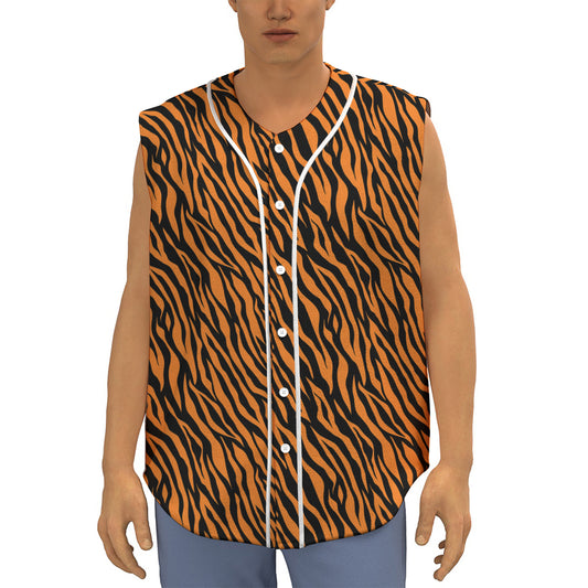 Orange And Black Tiger Stripe Print Sleeveless Baseball Jersey
