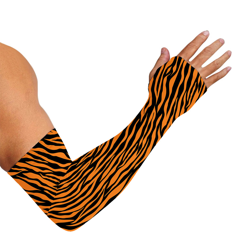 Orange And Black Tiger Stripe Print Sun Protection Arm Sleeves