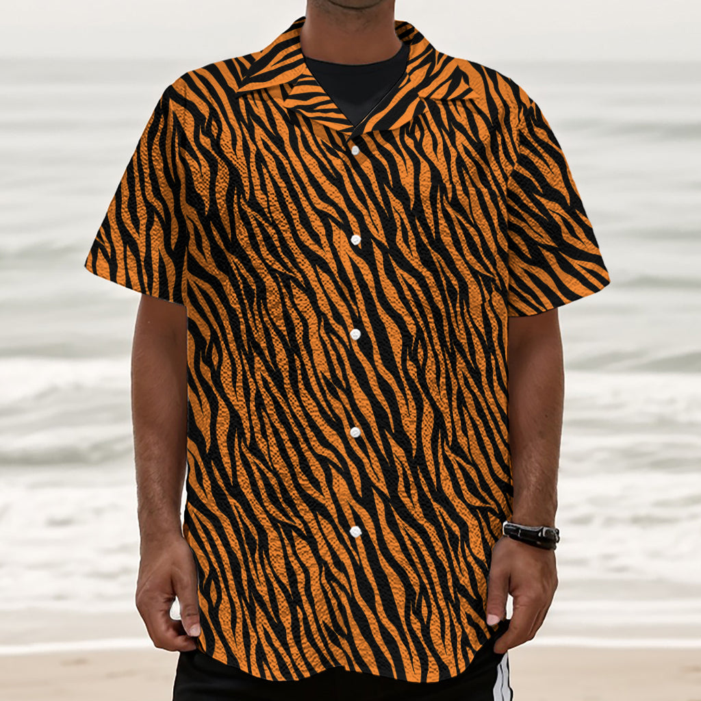 Orange And Black Tiger Stripe Print Textured Short Sleeve Shirt
