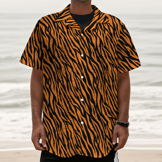 Orange And Black Tiger Stripe Print Textured Short Sleeve Shirt