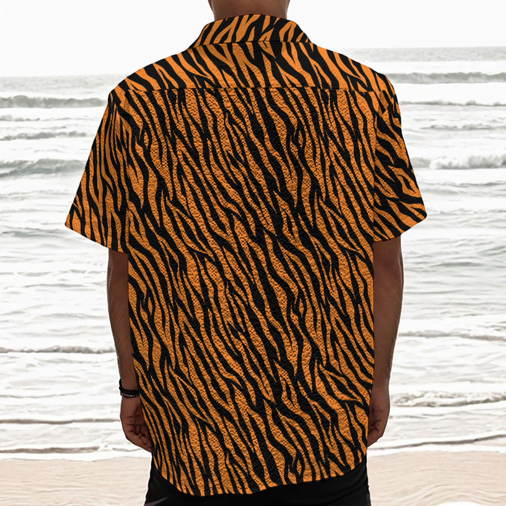 Orange And Black Tiger Stripe Print Textured Short Sleeve Shirt