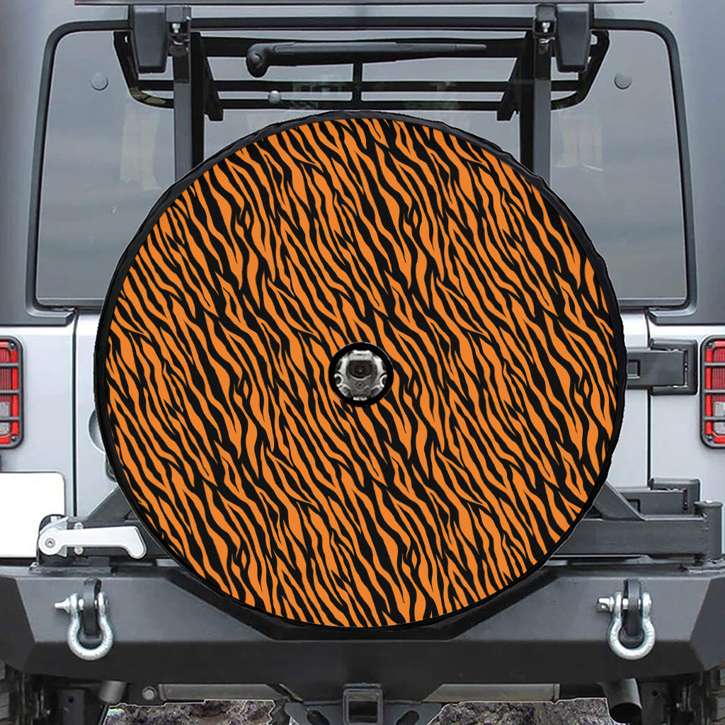 Orange And Black Tiger Stripe Print Tire Cover With Camera Hole