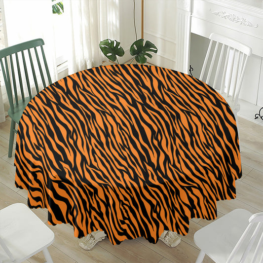 Orange And Black Tiger Stripe Print Waterproof Round Tablecloth