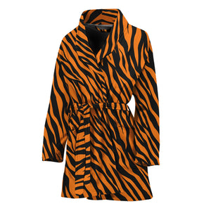 Orange And Black Tiger Stripe Print Women's Bathrobe