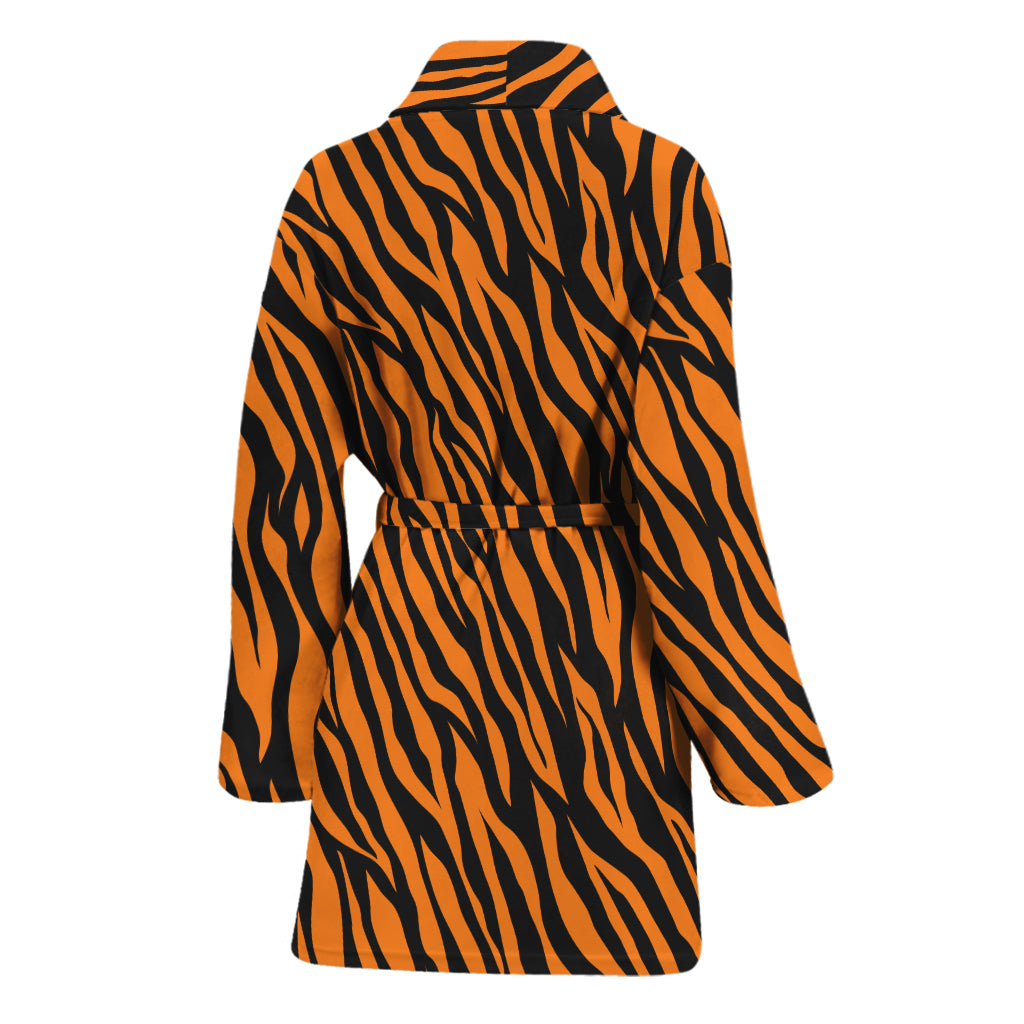 Orange And Black Tiger Stripe Print Women's Bathrobe