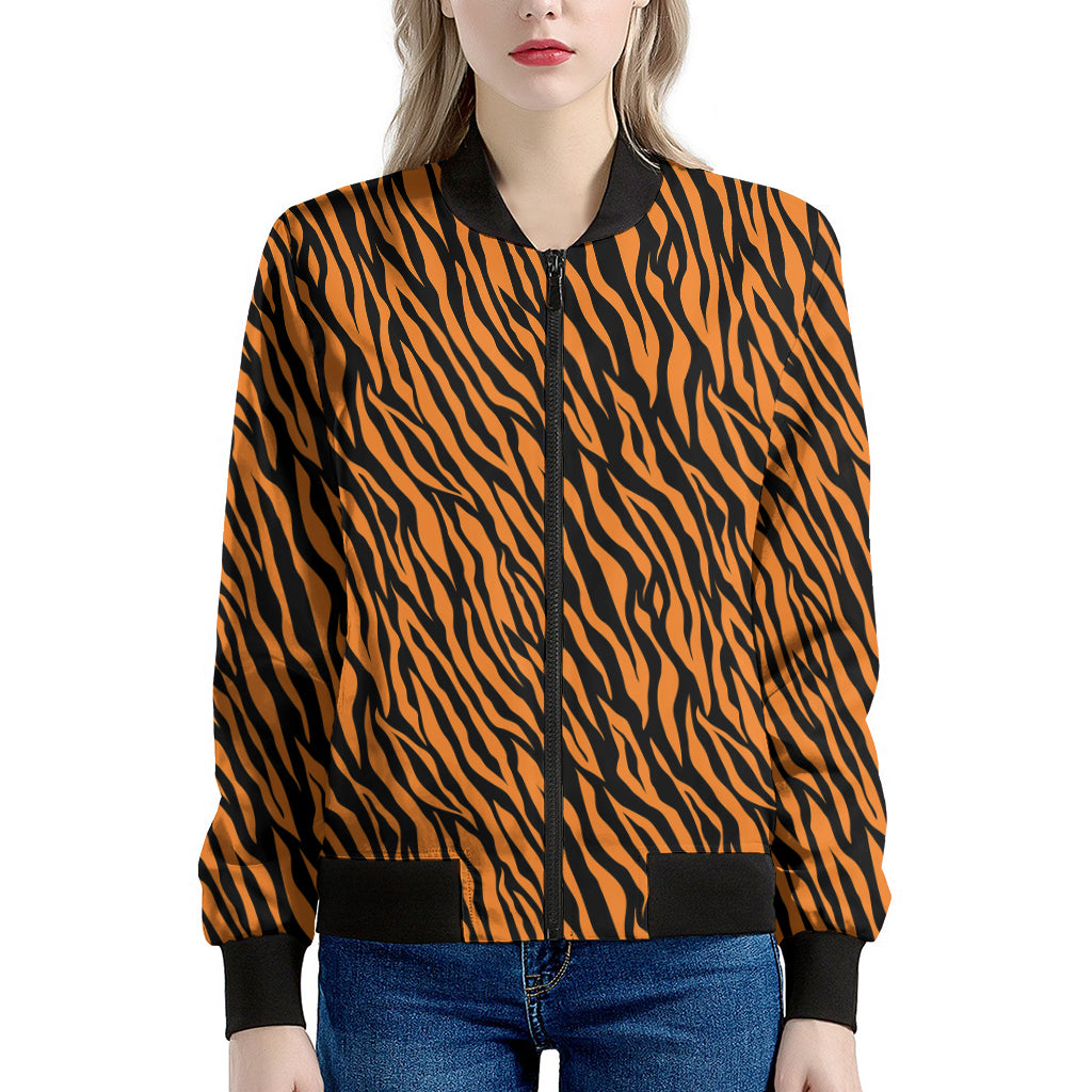 Orange And Black Tiger Stripe Print Women's Bomber Jacket