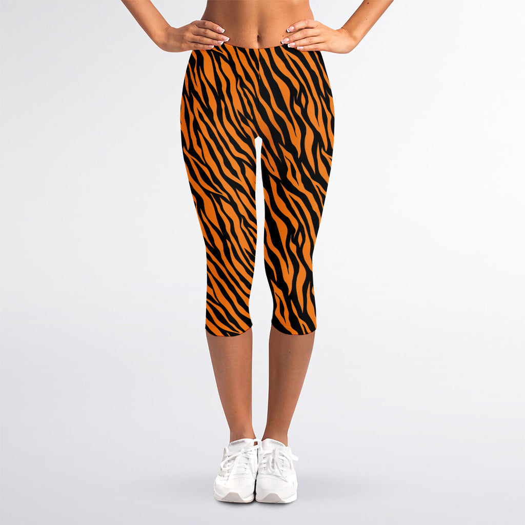 Orange And Black Tiger Stripe Print Women's Capri Leggings
