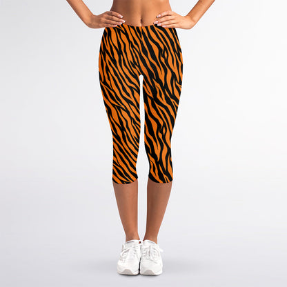 Orange And Black Tiger Stripe Print Women's Capri Leggings