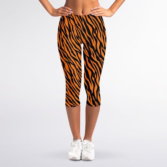 Orange And Black Tiger Stripe Print Women's Capri Leggings