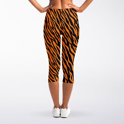 Orange And Black Tiger Stripe Print Women's Capri Leggings