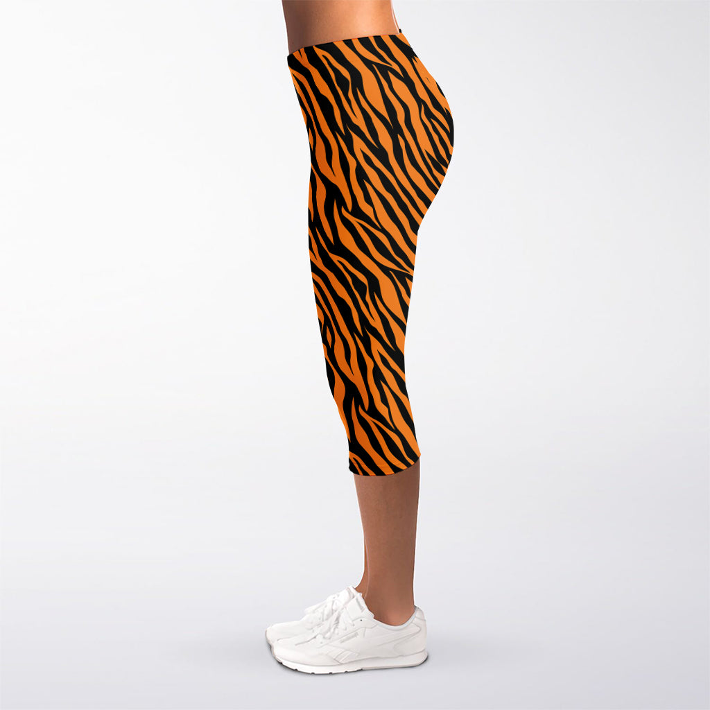 Orange And Black Tiger Stripe Print Women's Capri Leggings
