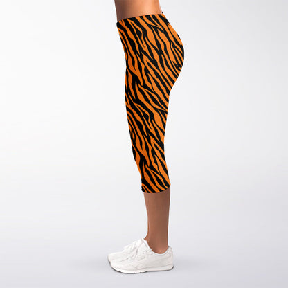 Orange And Black Tiger Stripe Print Women's Capri Leggings