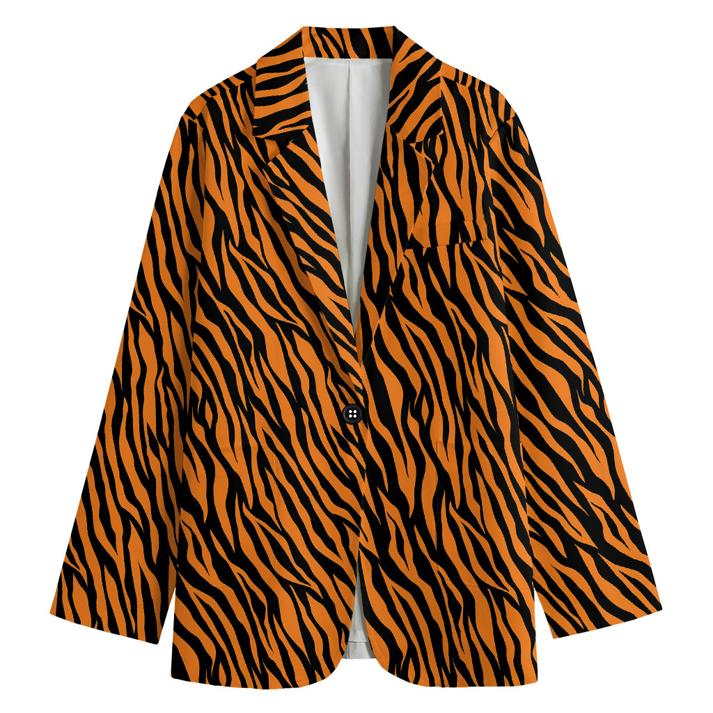 Orange And Black Tiger Stripe Print Women's Cotton Blazer
