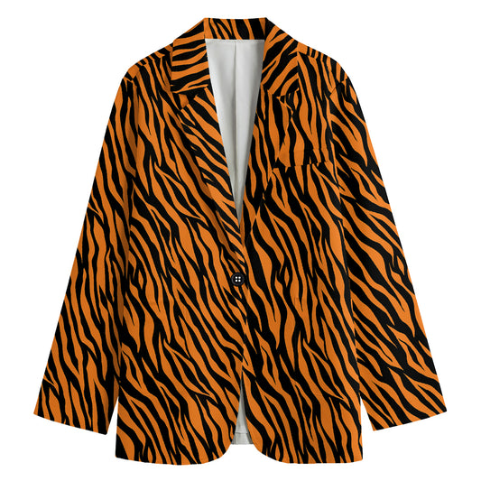 Orange And Black Tiger Stripe Print Women's Cotton Blazer