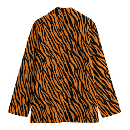 Orange And Black Tiger Stripe Print Women's Cotton Blazer
