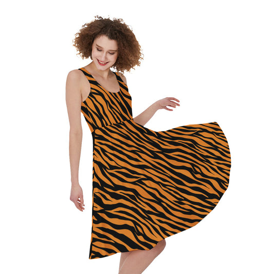 Orange And Black Tiger Stripe Print Women's Sleeveless Dress