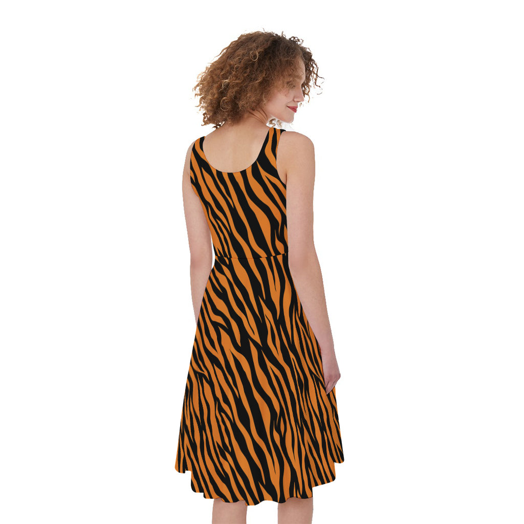 Orange And Black Tiger Stripe Print Women's Sleeveless Dress