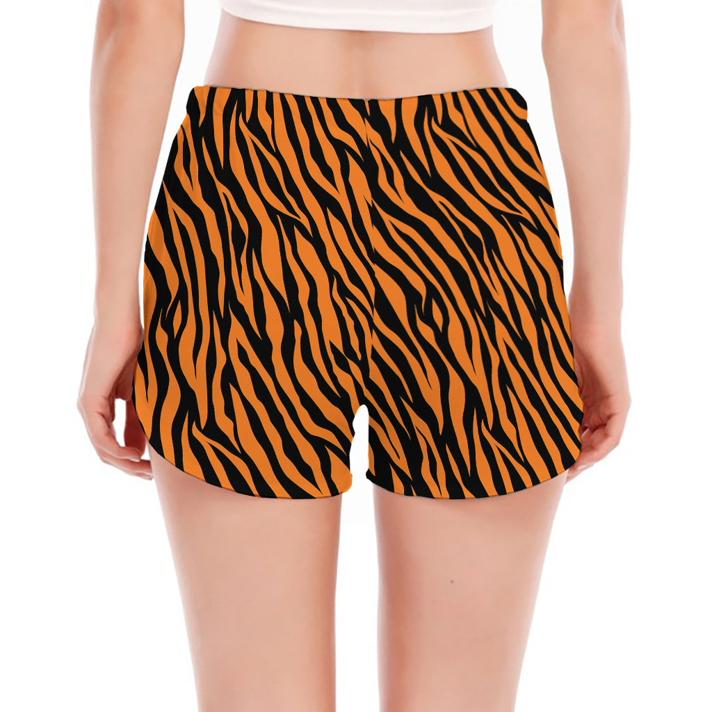 Orange And Black Tiger Stripe Print Women's Split Running Shorts
