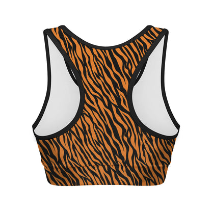 Orange And Black Tiger Stripe Print Women's Sports Bra
