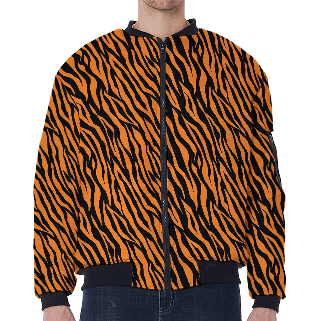 Orange And Black Tiger Stripe Print Zip Sleeve Bomber Jacket