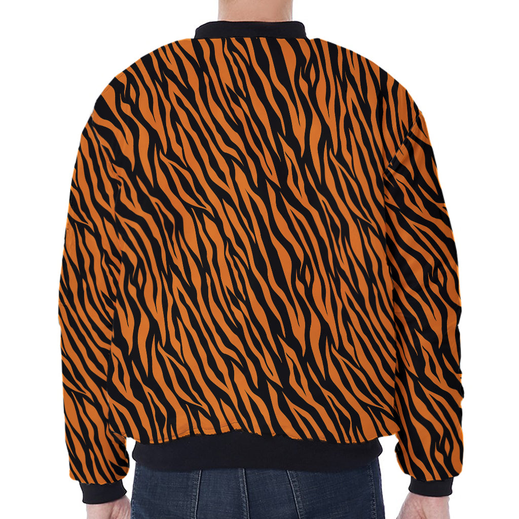 Orange And Black Tiger Stripe Print Zip Sleeve Bomber Jacket