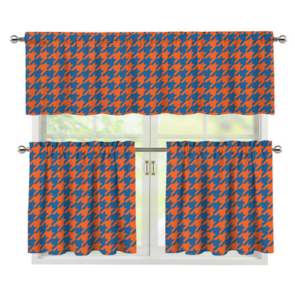 Orange And Blue Houndstooth Print 3 Piece Kitchen Curtains