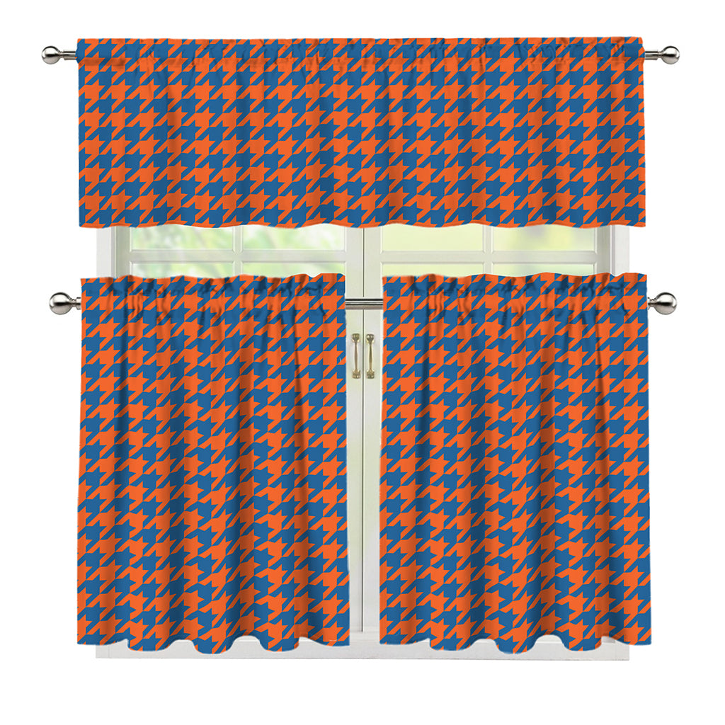 Orange And Blue Houndstooth Print 3 Piece Kitchen Curtains