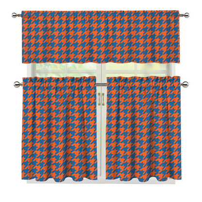 Orange And Blue Houndstooth Print 3 Piece Kitchen Curtains