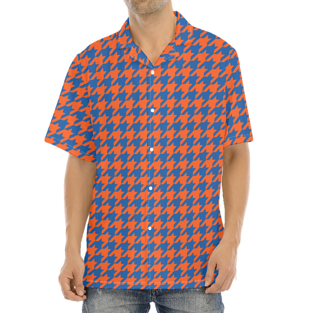 Orange And Blue Houndstooth Print Aloha Shirt