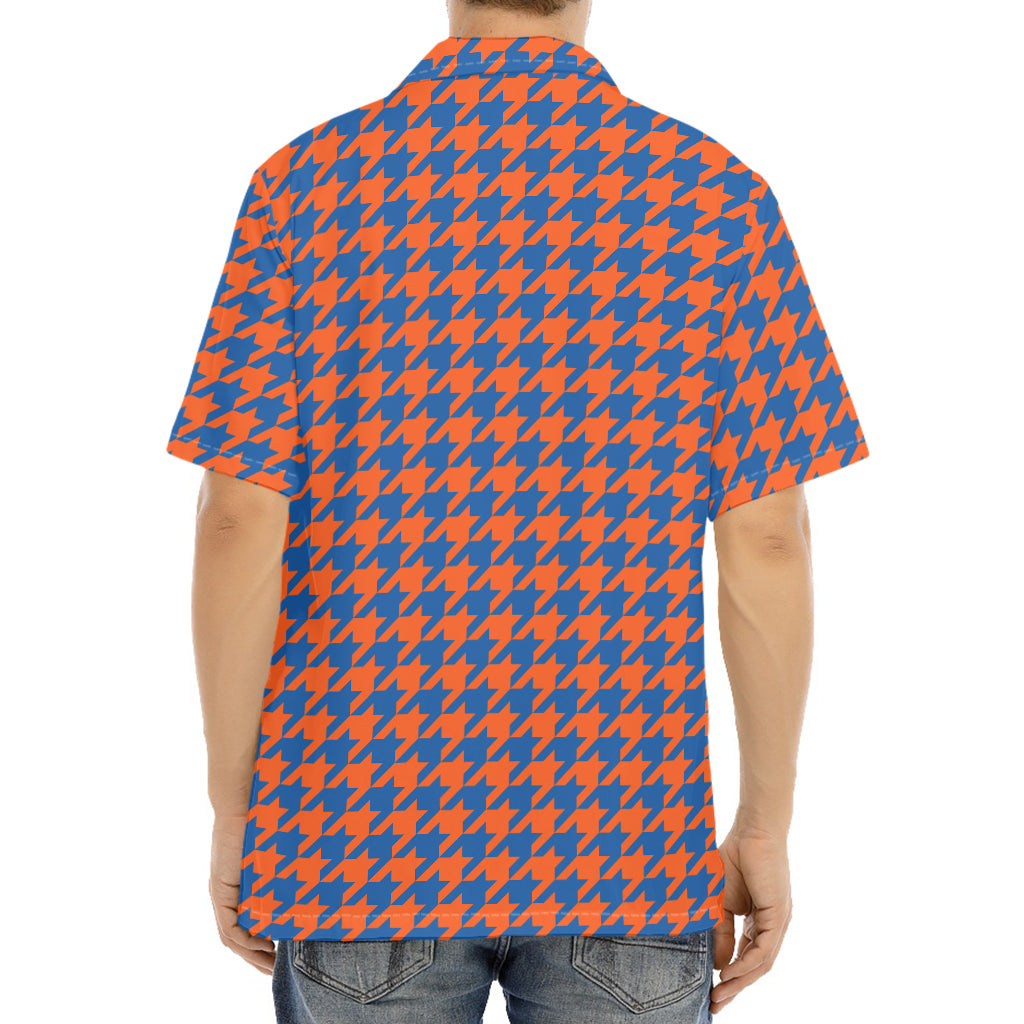 Orange And Blue Houndstooth Print Aloha Shirt