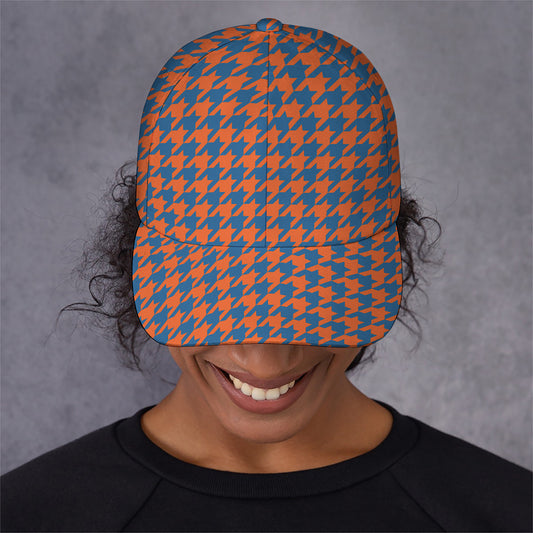Orange And Blue Houndstooth Print Baseball Cap