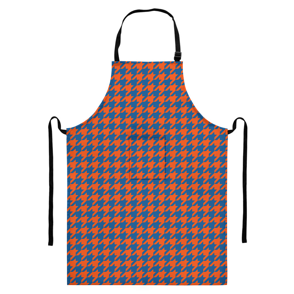 Orange And Blue Houndstooth Print Bib Apron With Pocket