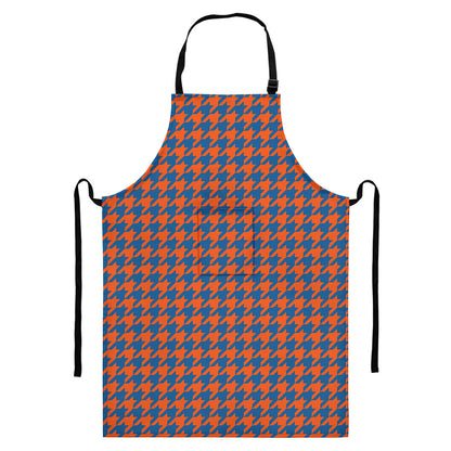 Orange And Blue Houndstooth Print Bib Apron With Pocket