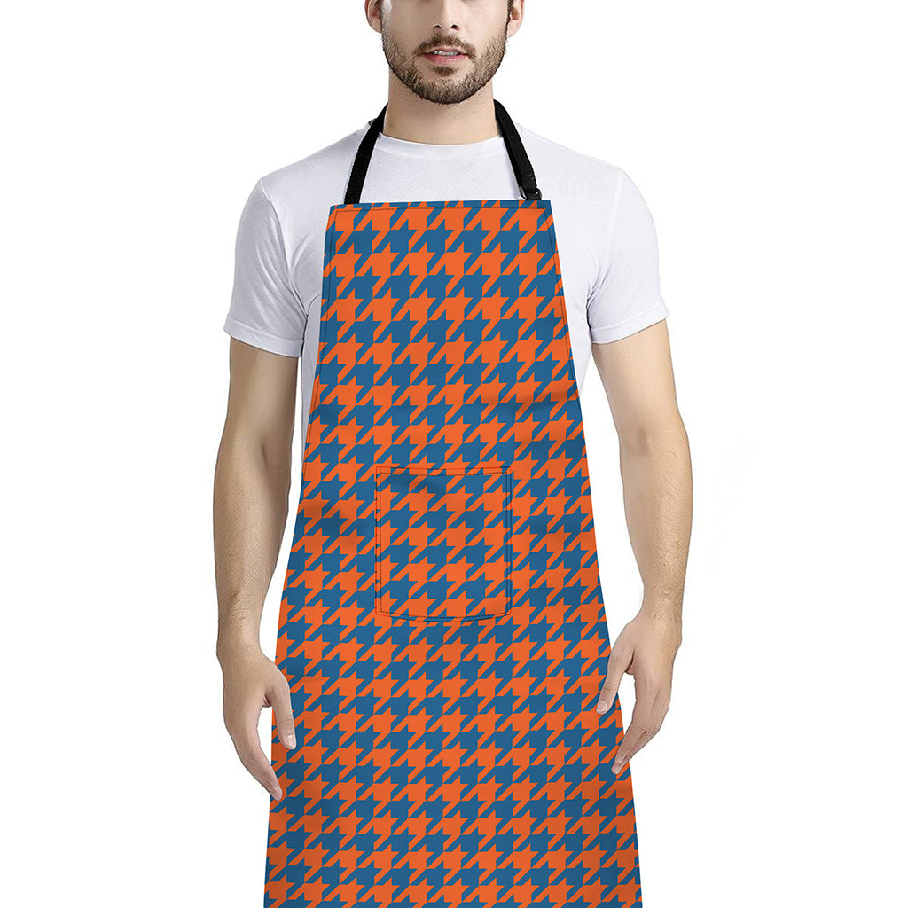 Orange And Blue Houndstooth Print Bib Apron With Pocket