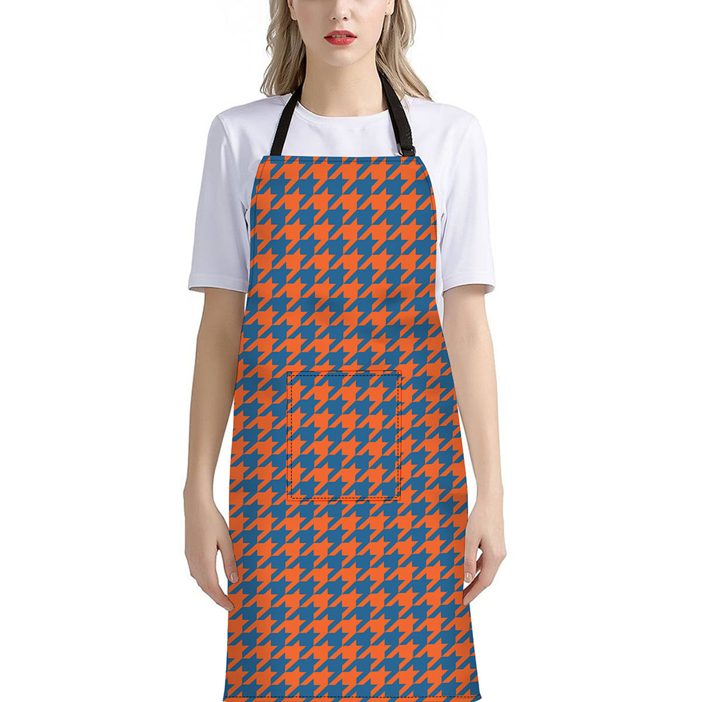 Orange And Blue Houndstooth Print Bib Apron With Pocket