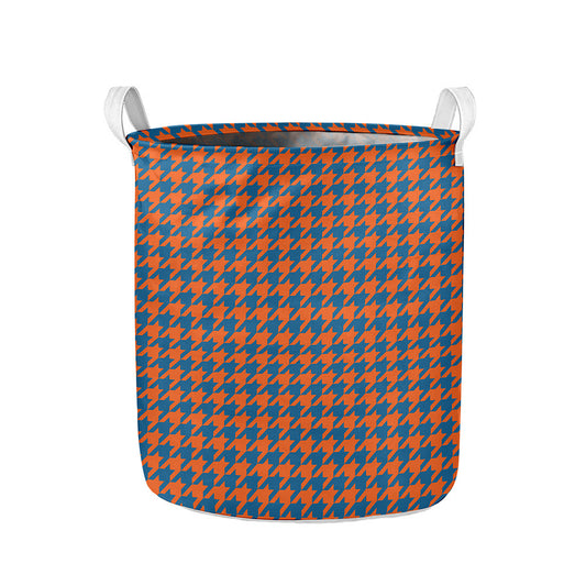 Orange And Blue Houndstooth Print Collapsible Laundry Basket