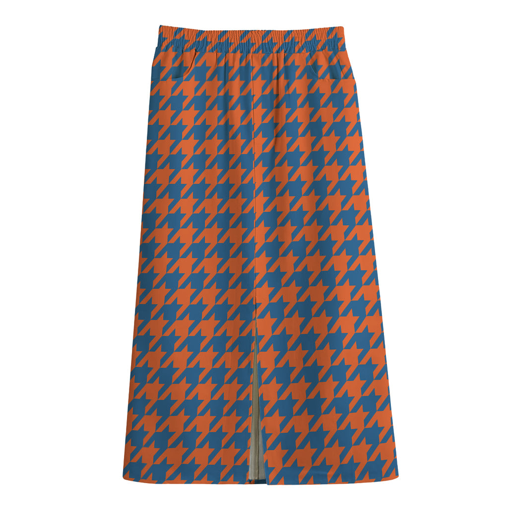 Orange And Blue Houndstooth Print Cotton Front Slit Maxi Skirt