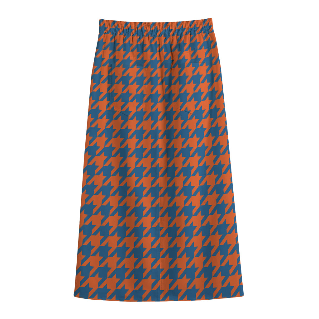 Orange And Blue Houndstooth Print Cotton Front Slit Maxi Skirt